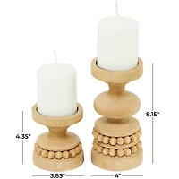 The Novogratz Brown Wood Beaded Pillar Candle Holder Set