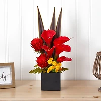 22.5" Red & Orange Tropical Floral & Calla Lily Mixed Arrangement in Vase