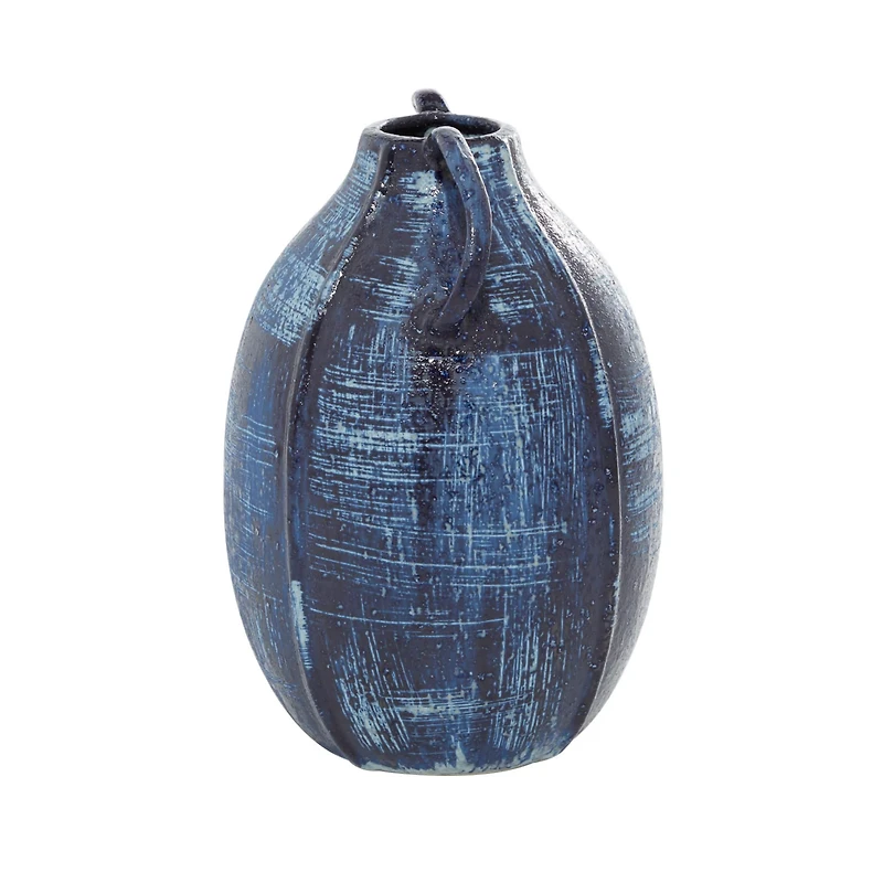 Blue Ceramic Contemporary Vase, 9" x 6" x 6"