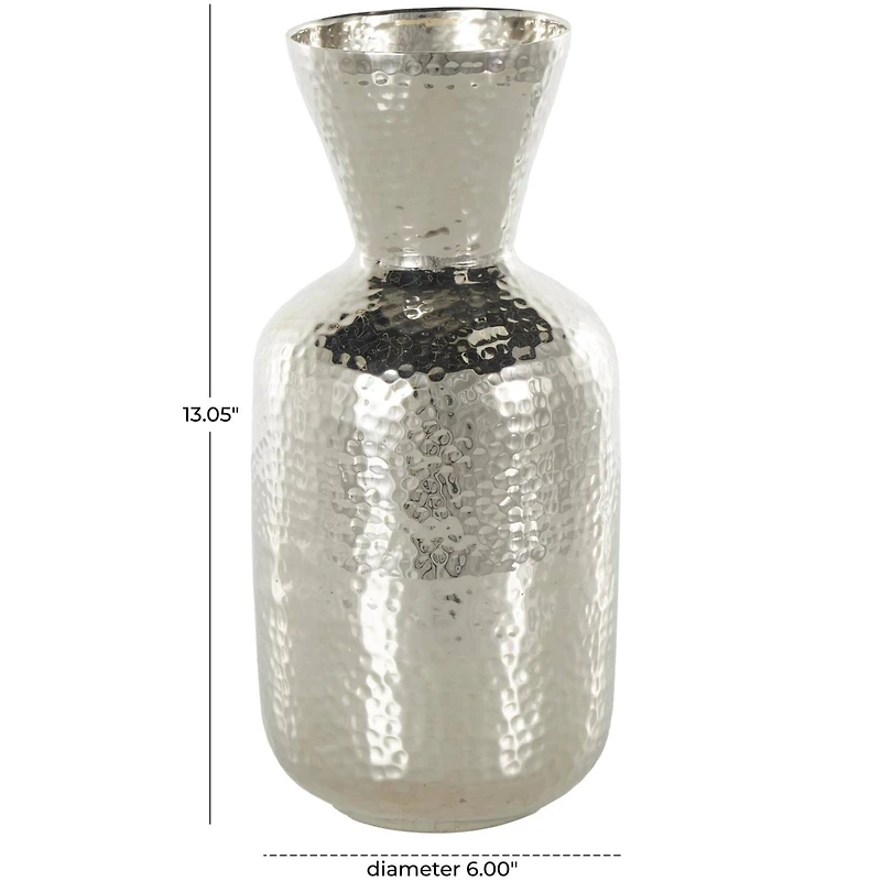 13" Silver Aluminum Metal Hammered Vase with Cone Shaped Opening