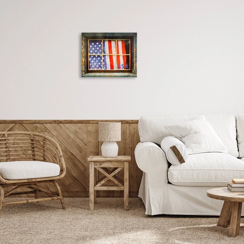 Stupell Industries Patriotic American Flag Rustic Window Festive Home Canvas Wall Art