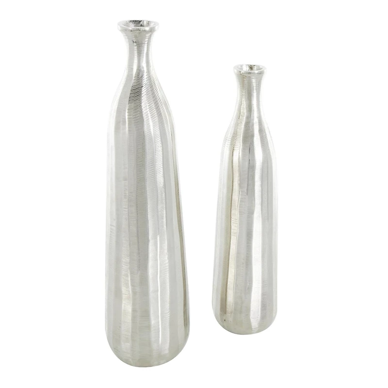 Silver Decorative Aluminum Vase Set with Wavy Accents & Textured Ridges