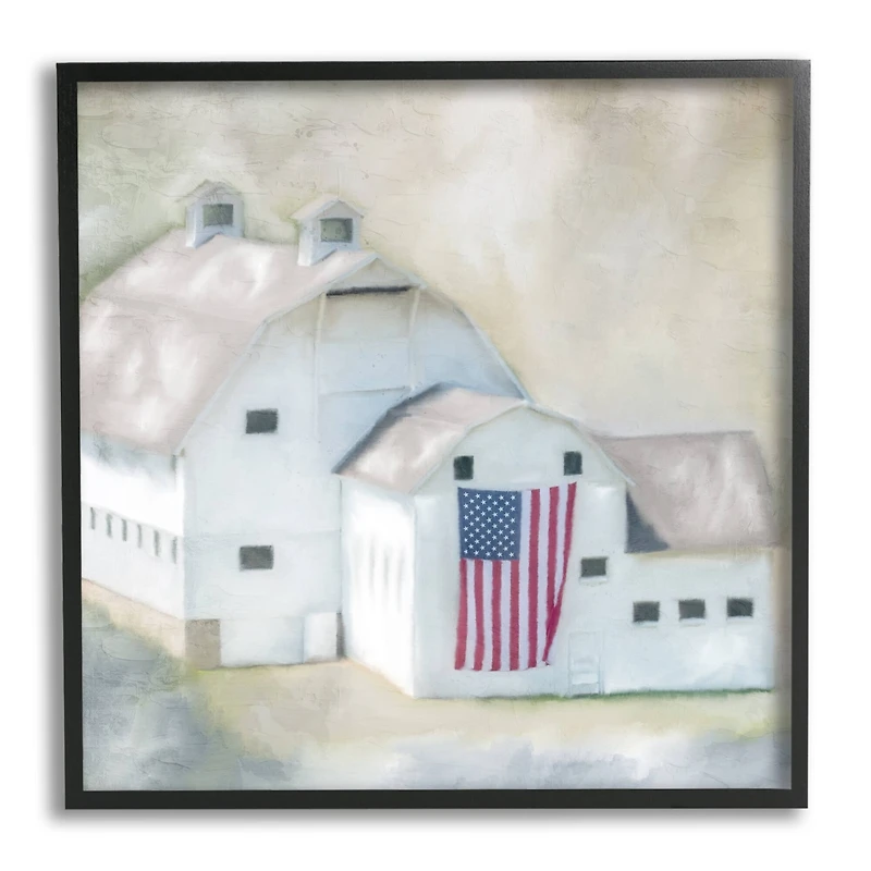 Stupell Industries American Flag White Farmhouse Barn Rural Countryside Framed Giclee Art