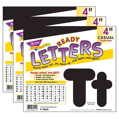 Trend Black 4" Casual Uppercase/Lowercase Combo Pack Ready Letters®, 3 Pack