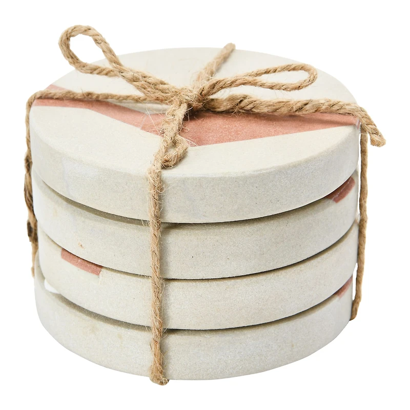 Hello Honey® Off-White and Terracotta Round Sandstone Coaster Set with Abstract Design