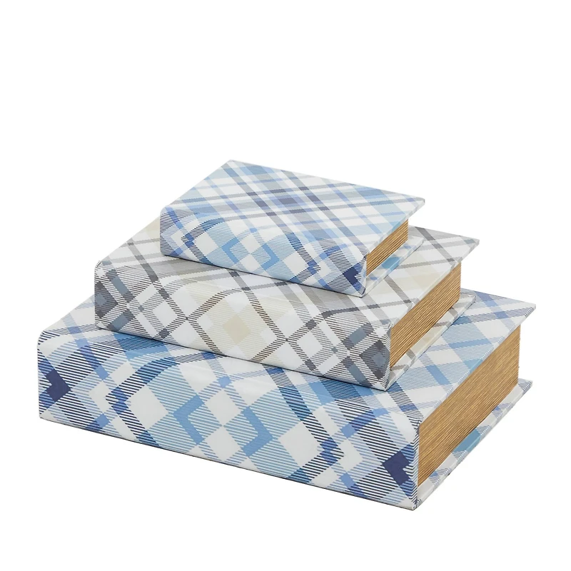 Blue Plaid Canvas Faux Book Box Set