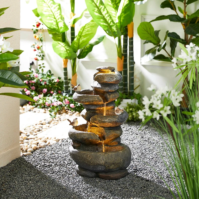 Glitzhome® 23" Natural LED 5-Tier Stacked Stone Outdoor Fountain
