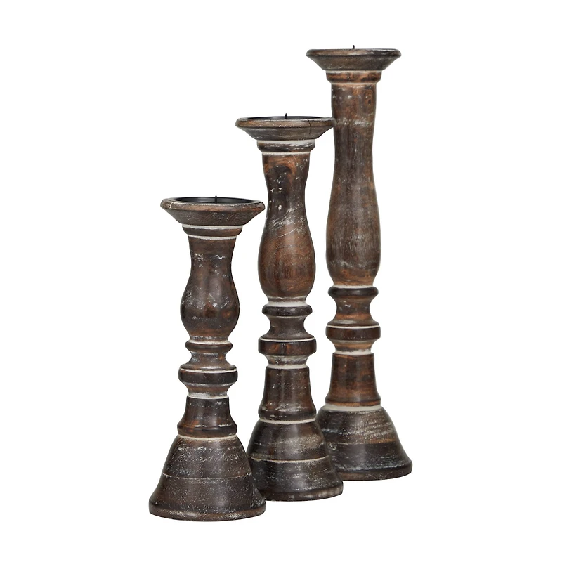 Dark Brown Wood Candle Holder Set