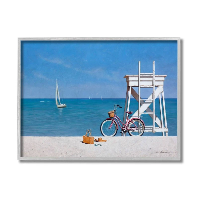 Stupell Industries Pink Bicycle Beach Scene with Gray Frame Wall Accent