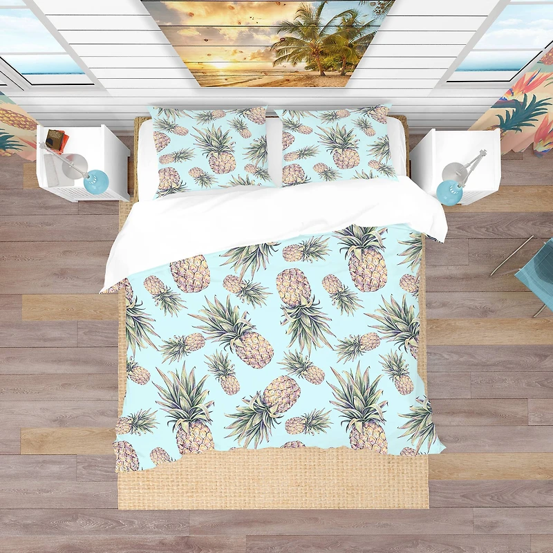 Designart 'Pineapples on a Light Blue Background' Tropical Bedding Set