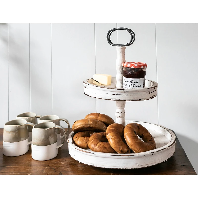 Hello Honey® 18.5" Distressed Cream Wood 2-Tier Tray