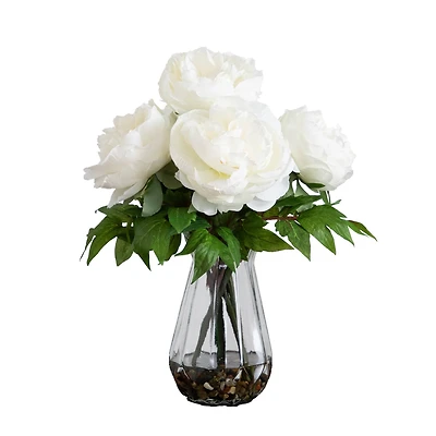 16" White Peony Arrangement in Glass Vase