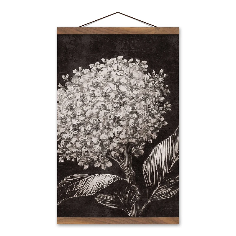White Sketched Hydrangeas Teak Hanging Canvas