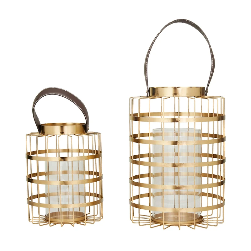 Set of 2" Gold Metal Modern Lantern 13", 11"
