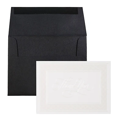 JAM Paper 4.88" x 3.38" Pearl Border Cards with Black Linen Envelopes Thank You Card Sets, 25ct.