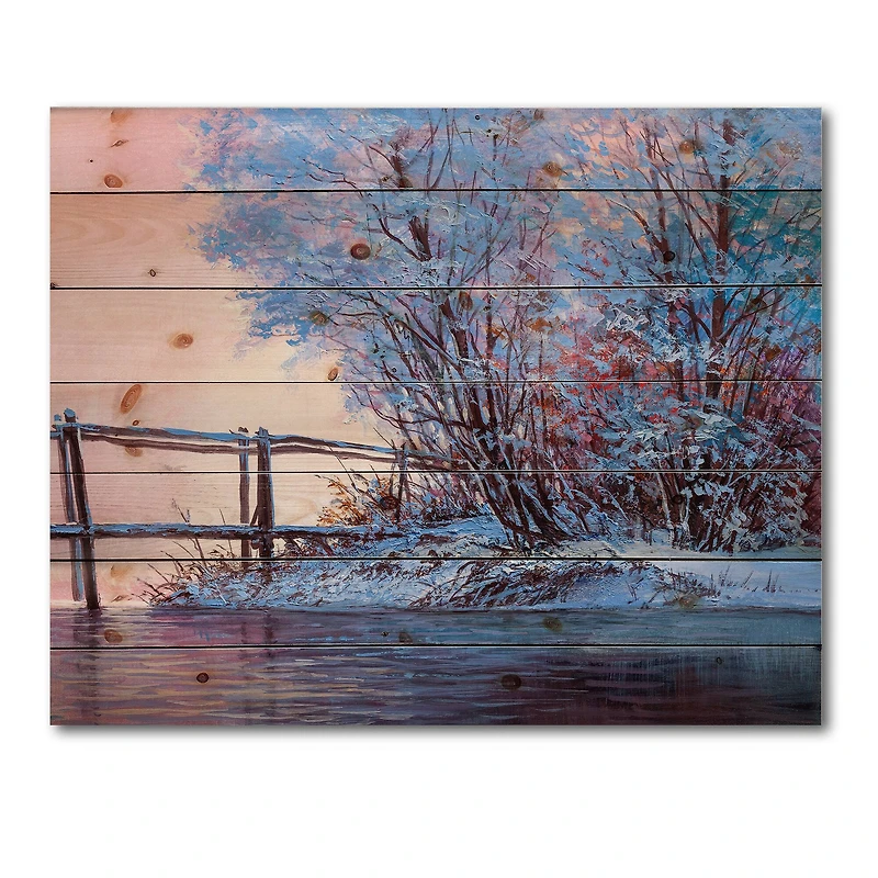 Designart - Winter Scenery With Bridge Of Meandering River I