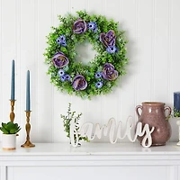 22" Purple Rose, Blue Daisy & Greens Wreath