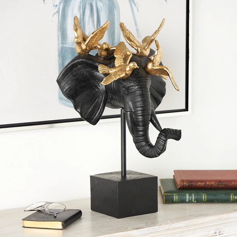 21" Black & Gold Polystone Elephant Head with Birds Statue