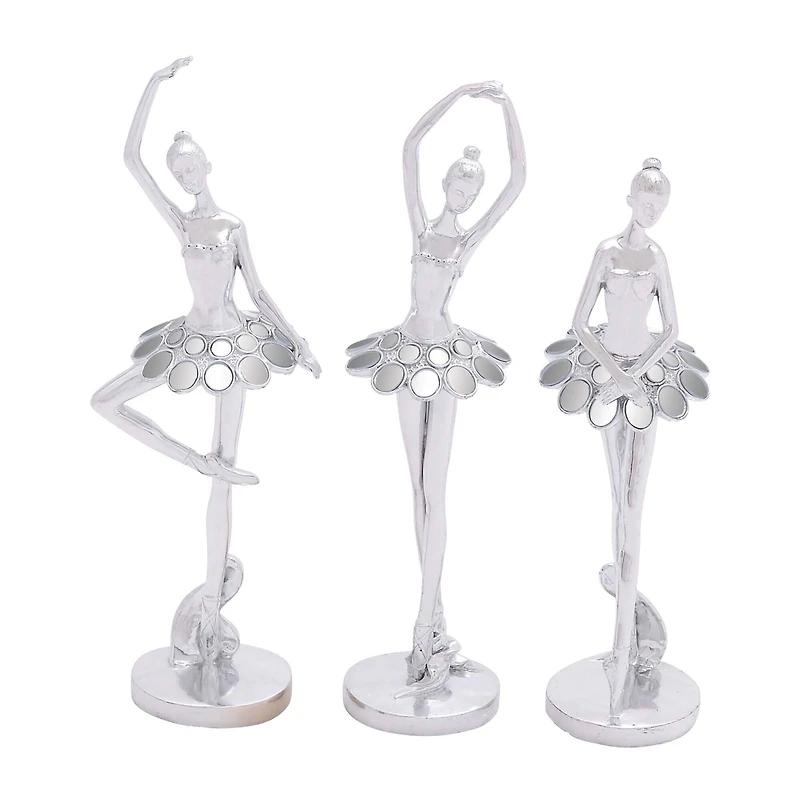 Set of 3 Silver Polystone Modern Dancer Sculpture, 14", 14", 12"