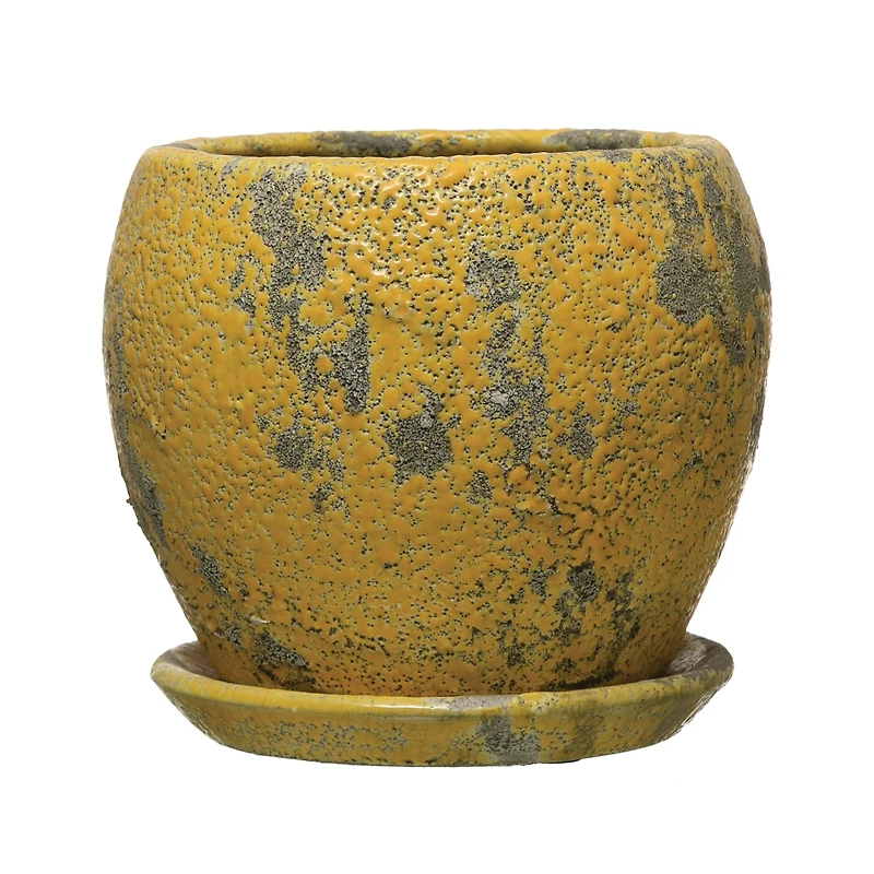 Hello Honey® 5" Distressed Yellow Terra Cotta Planter with Saucer Set