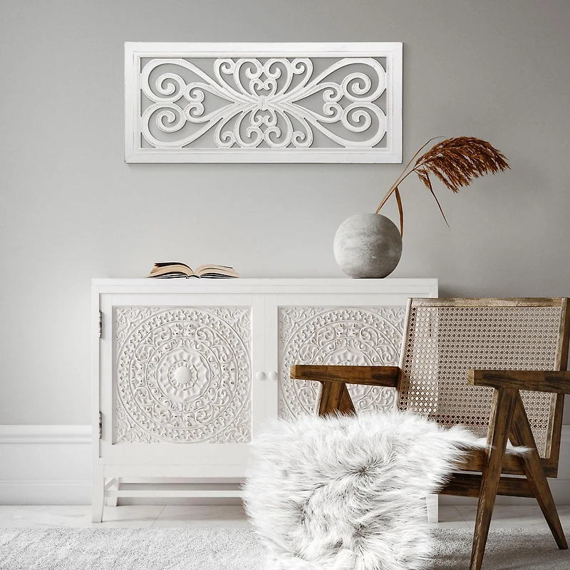 American Art Décor™ 36" Distressed Hand-Carved White Wood Wall Accent Medallion Panel