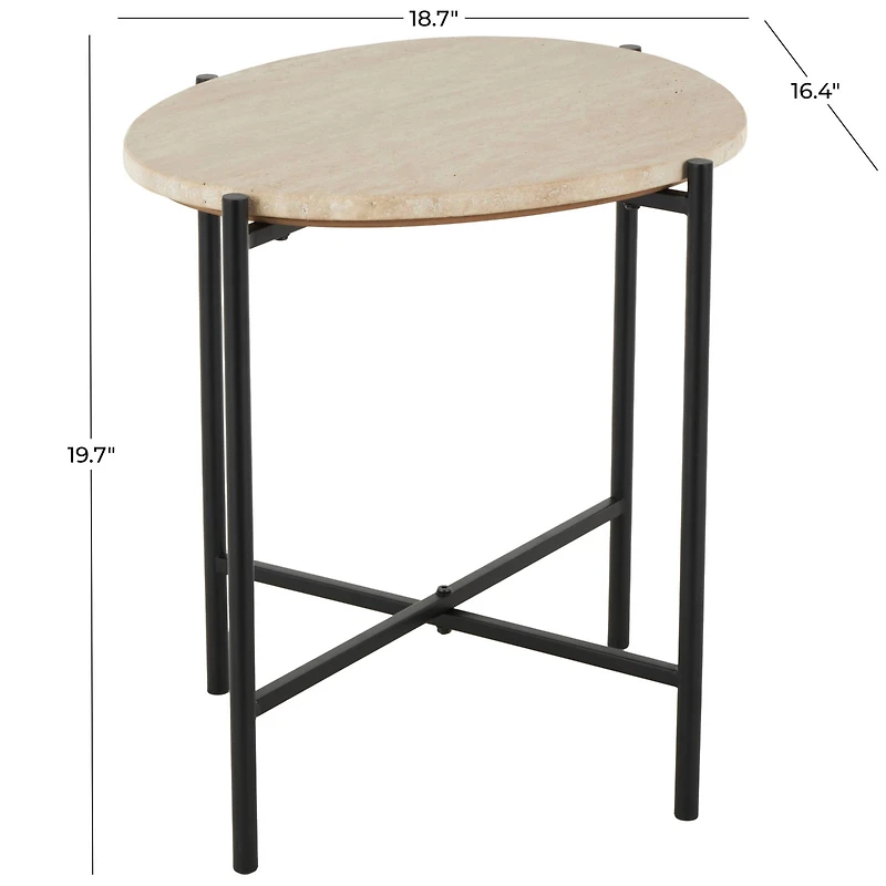 19.75" Beige Marble Accent Table with Black Metal Support
