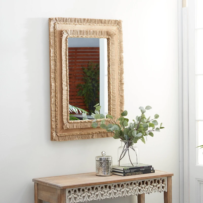 36" Brown Bohemian Style Wood Wall Mirror