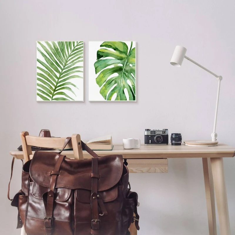 Stupell Industries Tropical Green Palms on Minimal White Background Wall Plaque Set