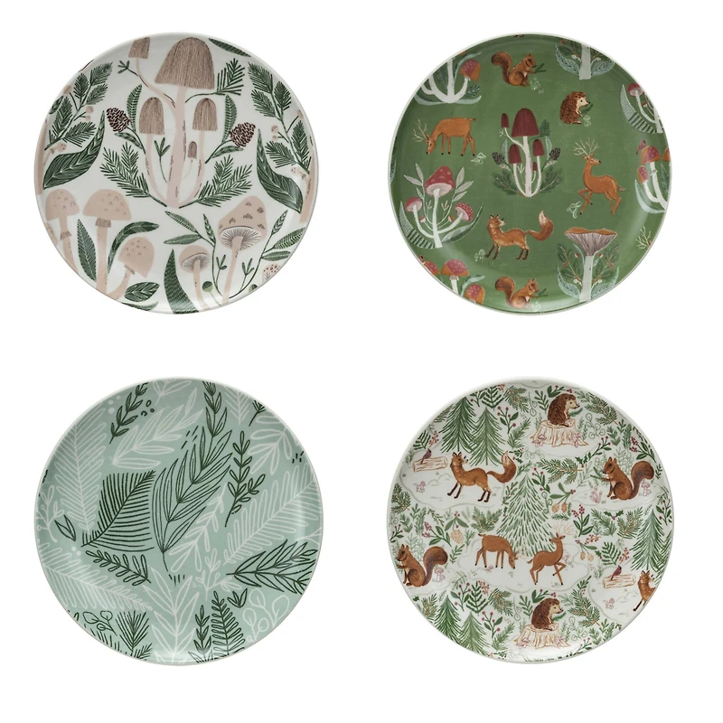 Hello Honey® 8" Woodland Flora & Fauna Round Stoneware Plate Set
