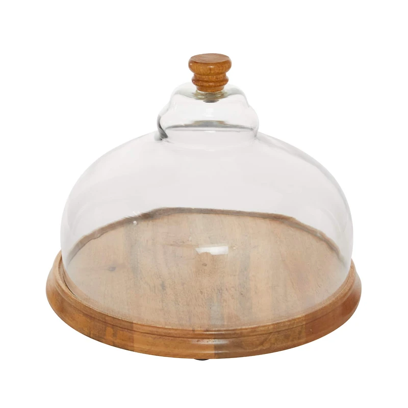 Brown Wood and Glass Natural Cake Stand with Cloche, 10" x 13" x 13"
