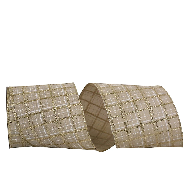 JAM Paper 4" x 10yd. Natural & Gold Wired Plaid Glitter Printed Stitch Ribbon
