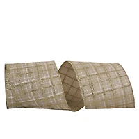 JAM Paper 4" x 10yd. Natural & Gold Wired Plaid Glitter Printed Stitch Ribbon
