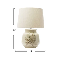 Hello Honey® 22" Cream and Green Reactive Crackle Glaze Debossed Botanical Stoneware Table Lamp with Linen Shade Set