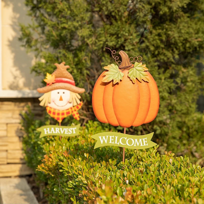 Glitzhome® 3ft. Fall Metal Scarecrow & Pumpkin Yard Stake, 2ct.
