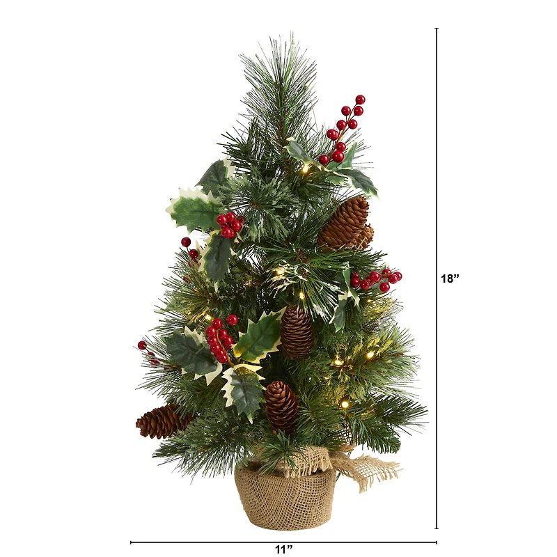 18" Pre-Lit Mixed Pine Artificial Christmas Tree with Holly Berries & Pinecones, Clear LED Lights
