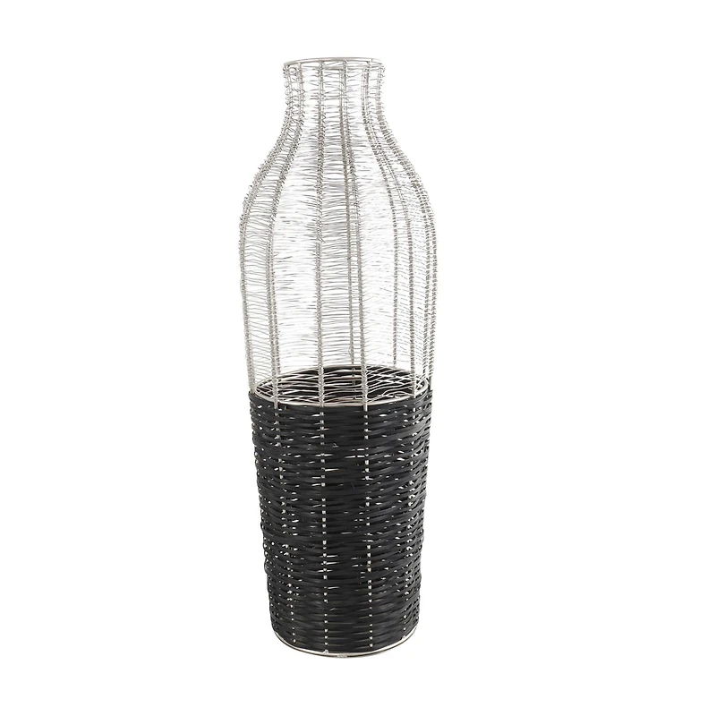 24" Silver Metal Vase with Woven Black Rattan Base