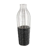 24" Silver Metal Vase with Woven Black Rattan Base