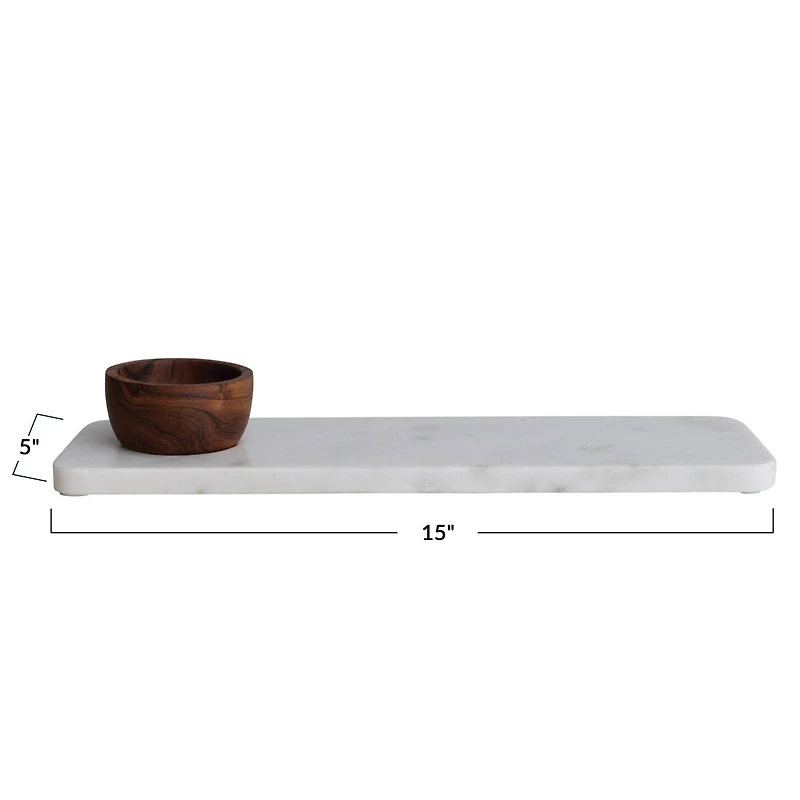 Hello Honey® 15" White Modern Marble Charcuterie Board with Brown Acacia Wood Bowl