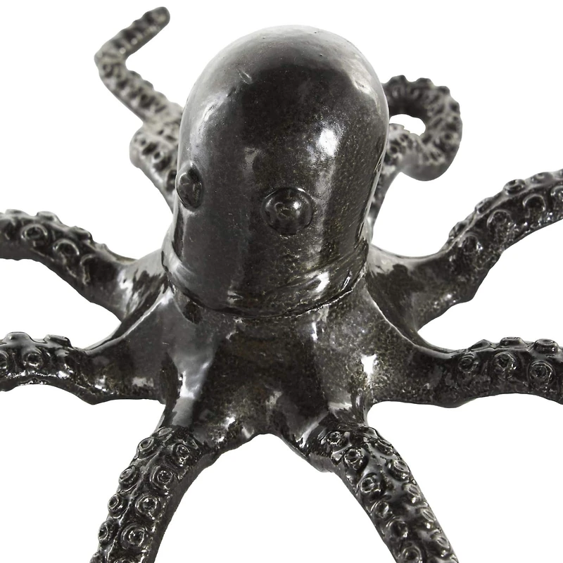Black Aluminum Metal Octopus with Textured Tentacles Sculpture Set