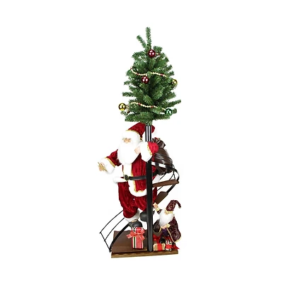 4ft. Santa Claus on Spiral Staircase with Tree & Elf on Wooden Base