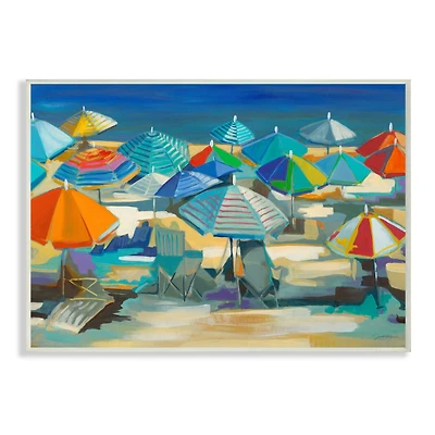 Stupell Industries Colorful Beach Umbrella Landscape Nautical Deep Blue Wood Wall Plaque