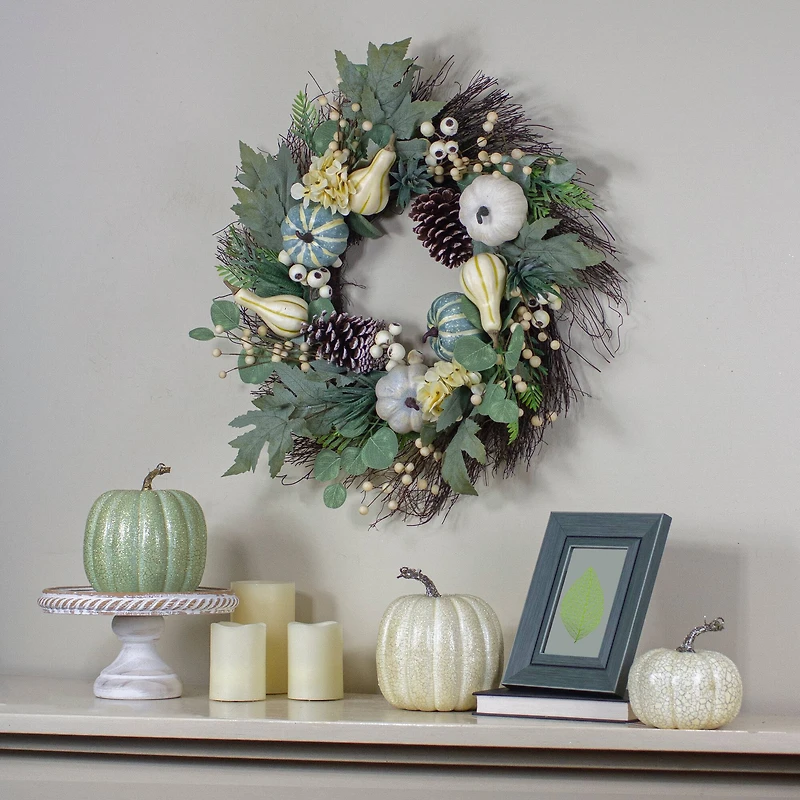 22" Green & White Pumpkins & Berries Fall Harvest Wreath