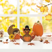 Glitzhome® 7" Thanksgiving Wooden Pumpkin, Turkey & Croissant Table Décor Set