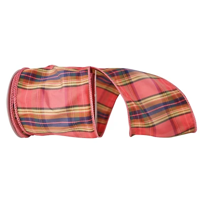 JAM Paper 4" x 10yd. Coral Plaid Pizzaz Wired Ribbon