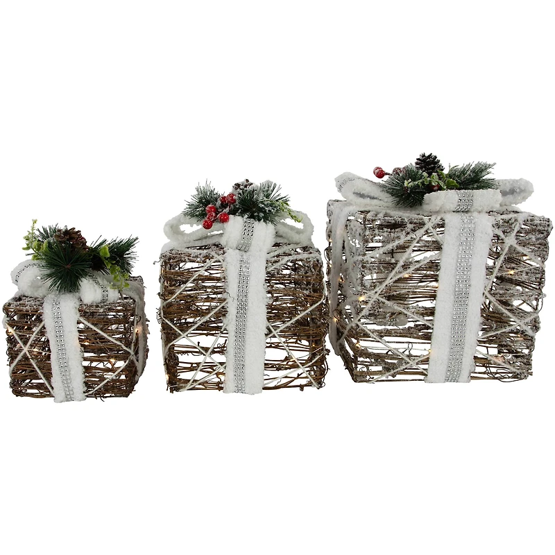 LED Gift Boxes with Pine & Berries Christmas Decoration Set