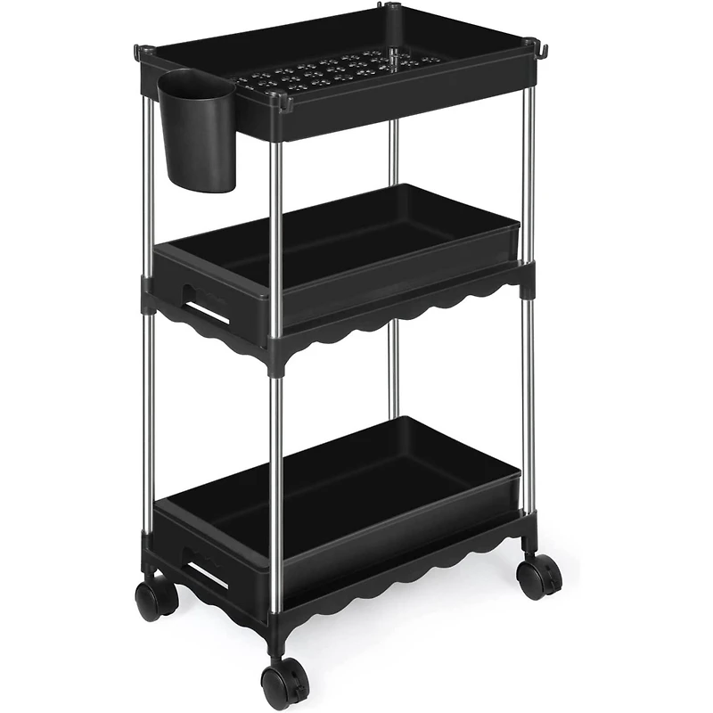 Black 3-Tier Utility Rolling Cart with Sliding Storage Drawer