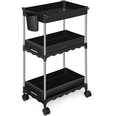 Black 3-Tier Utility Rolling Cart with Sliding Storage Drawer