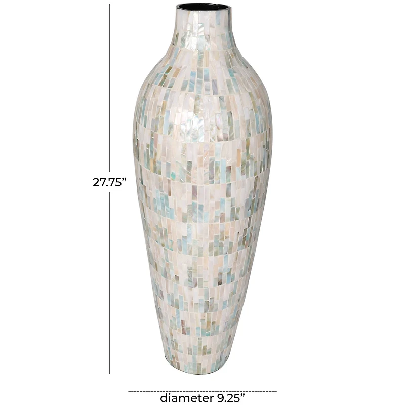 28" White Mother of Pearl Handmade Mosaic Inspired Vase with Pastel Blue & Pink Accents