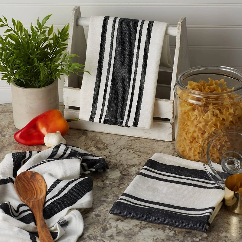 DII® Black Chef Stripe Dish Towels, 3ct.