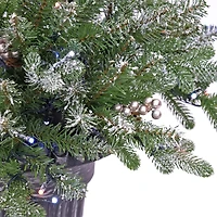 24" Feel Real® Snowy Morgan Spruce Porch Bush in Silver Brushed Plastic Urn with Cones & Champagne Berries